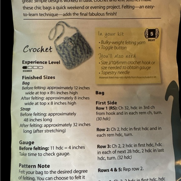 “Hook & Needle Kit Club” Watercolors Felted Bag Kit-yarn, button & directions - Picture 3 of 4